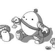 An ovoid robot with banded arms and legs and an antenna with a little spotted mushroom cap on the top. It has a satchel slung over one shoulder and is holding up a mushroom by its stem, looking at it wonderingly. A Mushroombot is beside it, smiling up at the picked mushroom, while a second, smaller Mushroombot, looks down at a sprouting cluster on the ground.