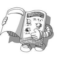 A robot in the form of a softback catalogue which has banded legs on its underside and two banded arms also emerging from beneath. One hand is holding open the front cover while the other gestures to the facing page which depicts various small robots - Mondaybot, Mischiefbots, Unicornbot and Teabos - each with accompanying (illegible) text. A rectangular section near the top of the book's pages and front cover has been cut out, and the robot's smiling face is on the inside of the back cover, revealed by this missing part.