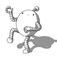 An ovoid robot with long banded arms and legs and an antenna, standing in a fixed position with one leg raised and one hand reaching up, looking directly at the viewer with a blank expression on its face.