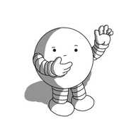 A spherical robot with banded arms and legs, holding up one hand while it rubs its chin, looking confused.