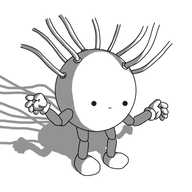 A spherical robot with short, jointed arms and legs. Its face is quite low down on its body, making it appear to have a bulging cranium. A number of wires are plugged into the top of it, trailing up and disappearing above it. Its expression is neutral, as if it is paying close attention.