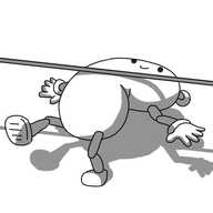 A robot with a long, flexible body, jointed arms and legs and an antenna. It's limbo-ing under a pole, folded almost double, but is smiling cheerfully about it.