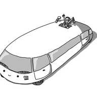 A robot in the form of a long, rounded limousine. Its smiling face is on the front, below the windscreen, and it has a banded antenna with a bobble on the end where an aerial might be, towards the rear. Close to that is an open sunroof, which someone is popping out of. They're wearing a sash and have a bottle in one hand as they wave and shout, clearly have a grand old time.