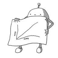 An ovoid robot with jointed arms and legs and an antenna holding up a sheet of paper almost as large as itself. On it is sketched a basic line graph with two axes. The x-axis is labelled HEADS and the y-axis is labelled HATS with the trend line rising in a 1:1 ratio.