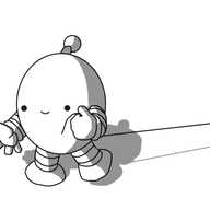 An ovoid robot with banded arms and legs and an antenna. It's walking along, holding some string in one hand, which is stretched taut behind it and smiling cheerfully.