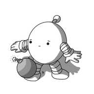 An ovoid robot with banded arms and legs and an antenna. It has an old-fashioned cartoon bomb with a lit fuse that it appears to have dropped onto its foot. Its expression is worried as it tries in vain to extricate itself from its predicament.