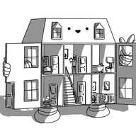 A robot in the form of a traditional dollhouse. It has six rooms: an entrance hall with stairs in the middle, a dining room (or possibly kitchen) on the left, with a bedroom above that and, on the opposite side, a living room with a bathroom above it. Because of the angle, you can't make out all the pieces of furniture in each room, but there are visible doors between rooms, some pictures on the walls, a fireplace in the living room, a free-standing tub in the bathroom, a toilet, etc. etc. The roof of the house is pitched on all four sides with a flat top which isn't visible. There are two dormers, and the robot's smiling face is positioned between these. The front of the house comes in two hinged sections which split the double front door in what is, most likely, a departure from standard dollhouse design. Four rectangular windows are positioned the front section. The robot has banded legs on the underside, banded arms on the sides and is holding open the hinged sections.