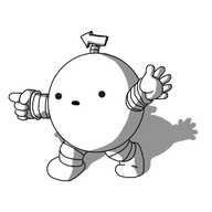 A spherical robot with banded arms and legs and an antenna that has a little arrow on it pointing left. The robot is waving with one hand and pointing left with the other, and it has a sort of mildly alarmed expression on its face.