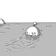 A scene showing the surface of the sea in which a partially-submerged spherical robot with an antenna and its eyes scrunched closed is propelling itself through the water by vibrating its lips. Bigbot is in the background, wading happily by itself.