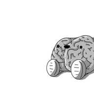 A robot in the form of a human brain with two banded legs, sitting on the ground with its feet in front of it. It's smiling vacantly, looking slightly upwards. The brain is glistening wetly, and the robot is sitting in the lower right of the frame, making it look a little bit lost and lonely, though seemingly unaware of its predicament.