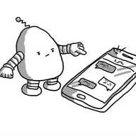 A rounded robot with banded arms and legs and a little antenna frowning and pointing at a mobile phone with a screen full of messages and a flashing alert on the top.