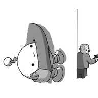 A spherical robot with banded legs and a zigzag antenna. It's being held sideways, tucked under someone's arm. The person holding it is heading away from the corner of a wall, on the far side of which is another person holding a pistol, looking in the other direction. The robot is smiling vacantly, seemingly unconcerned with its presumably precarious situation.