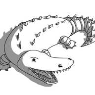 A robot in the form of a crocodile. It has a banded tail and banded legs, and two parallel lines of triangles running down its back and onto its tail. The robot is curled slightly around, and opening its mouth wide, showing off its many pointy teeth.
