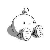 A spherical robot with banded legs and an antenna, sitting on the ground. It looks a bit sad, or maybe just tired, with bags under its eyes and a drooping antenna.