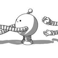 A spherical robot with banded legs and an antenna, viewed side-on, looking to the left. It has long, banded arms that are stretching out and disappearing off the left of the frame. On the right side of the frame, the arms emerge again, with the hands visible at the end, reaching out for the robot from behind it.