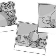 A set of three Polaroid-style photographs, laid out overlapping with one another. In each, a spherical robot with jointed arms and legs and a zigzag antenna is performimg various nefarious deeds: stealing a cherry-topped cupcake from a sleeping Cakebot; swapping two boxes, one of which is labelled 'BRASIL' (it contains Mischiefbots, as long-time followers may know); and scrawling strange, angular symbols on a brick wall while wearing a look of manic glee - one of the symbols looks like a drawing of Eldritchbot.