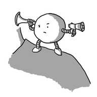 A spherical robot standing on someone's shoulder holding a conical funnel pressed to the side of its body in one hand and a tiny megaphone in the other. It has a quizzical expression on its face.