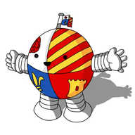 A smiling, spherical robot with banded arms and legs. Its casing is divided into quarters, like a heraldic shield. Clockwise from upper left, its heraldry consists of a red rose on a white field; diagonal yellow and red stripes; a yellow castle tower on a red field; and a yellow fleur-de-lys on a blue field. Its antenna is a little flag pole from which a flag of the same design flies.