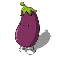 A robot in the form of an aubergine (eggplant) with banded legs on the bottom. Its leafy stalk is shaped like an antenna and has a bobble on the end. The robot's face is about halfway up its body, and it looks annoyed.