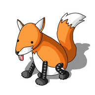 A robot in the form of a red fox. It has a rounded, conical head with large, wedge-shaped ears, a pear-shaped body and a big fluffy tail. Its legs are banded and it is sitting on the ground with its tongue hanging out, little sharp teeth visibly protruding from its muzzle, looking a bit vacant. The robot is mostly orange, with a white underbelly, muzzle and tail tip, while its legs and paws are black. Like all Pupperbot variants, its nose is shaped like a little heart.