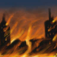 A full-colour, pastel scene, depicting a burning cityscape, with flames licking up the sides of skyscrapers, smoke billowing from broken windows and a dark, glowering sky overhead. In the foreground is a spherical robot with banded arms and legs and an antenna, silhouetted against the flames with orange light reflecting off its surfaces. It's turned away from the viewer, gazing out impassively over the apocalyptic scene.