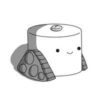 A robot shaped like a squat cylinder with triangular tracks on either side, rather like Teabot but with a solid top and no handle. Resting on top of it is a round pill with a central groove. The robot is smiling - it doesn't look worried or sympathetic or anything like that, it's just smiling normally as it delivers an ordinary medical intervention to someone who requires it.