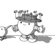 A spherical robot with banded arms and legs. It's wearing a stereotypical Australian corked hat, with the corks inexplicably hanging upwards. Standing beside it is what is presumably a Kiwibot: a spherical robot with banded legs with little clawed feet and a long beak on the front, tilted upwards, as if the robot is looking up at the corks, confused.