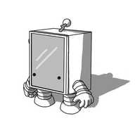 A bathroom medicine cabinet with a mirrored door, except it's a little robot with short banded legs and arms near the bottom of its sides. It has two eyes on the front and a zigzag antenna on top.