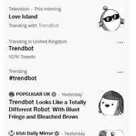 A screenshot of Twitter's "What's happening" tab, with all the stories replaced by ones related to a robot called Trendbot, which is round, with banded arms and an antenna. The first trend is "Love Island" which is "Trending with Trendbot", next to which is a picture of Trendbot smiling and wearing dark shades. Then "Trendbot" and "#trendbot" are trending, followed by a story from Popsugar UK that says "Trendbot Looks Like a Totally Different Robot With Blunt Fringe and Bleached Brows", next to a picture of Trendbot with a bowl cut, dark lipstick and light-coloured eyebrows. Finally, the Irish Daily Mirror has a partially cut-off story that reads "Where is little Trendbot today? Update on Robot's [...]" beside a picture of Trendbot looking out from behind a bush and waving.