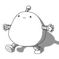 A robot with a large, irregularly-shaped body, banded arms and legs and an antenna. It's walking along, hands held out, smiling happily.