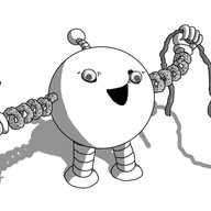 A spherical robot with banded legs and an antenna. It has arms made of pipe cleaners, wound into spirals, and is clutching two feathers in one hand and a length of yarn in the other. It's also pasted two googly eyes over its own eyes. It has a large, open, smiling mouth, and seems to be brandishing its craft supplies with a kind of manic triumph.