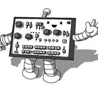 A robot in the form of a small mixing desk, with banded arms and legs and an antenna. The robot is essentially a flat rectangle with beveled edges, with its front surface covered in a vast and confusing array of knobs, dials, buttons and slide switches. The robot's face is in the top right corner, smiling cheerfully as it waves.