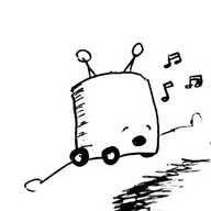 A small, blocky robot with two antennae and four wheels perched on a pillow, gently singing.