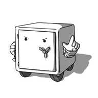 A robot in the form of a cubical safe, with four wheels on its underside and banded arms on either side. Its door on the front has a little three-pronged wheel/handle thing and angry eyes above it. It's placing one hand on its waist (although it doesn't have a waist) and wagging its other finger.