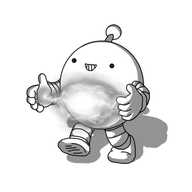 A spherical robot with banded arms and legs and an antenna. It's walking forward, holding its hands apart and grinning a little disturbingly as it holds a roiling ball of sparking, glowing, electricity, suspended between its palms.