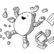 An ovoid robot with banded arms and legs, stomping through and throwing aside various items: a menu for a fancy restaurant, a mortgage agreement, a lottery ticket, a landline phone, meat, a DVD called 'Racist Laughs', a Valentine's card, two wedding rings and some diamonds. The robot is laughing malevolently.