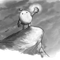 An ovoid robot with banded arms and legs and an antenna, standing on an outcropping of rock, holding a sword in one hand and a glowing orb or gem in the other. The picture is in grayscale, but painted in a watercolour style so the backdrop appears to be roiling clouds as it holds aloft its magic doohicky or whatever.