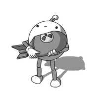 A spherical robot with jointed arms and legs and a zigzag antenna. The robot is carrying am unwieldy, cartoon-style nuclear bomb in both arms, looking rather unsure of itself.