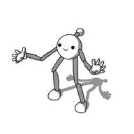 A robot with a small, spherical body, jointed arms and legs and an antenna. The robot's body is so small that its limbs look really long and spindly, but it seems pretty happy about its situation anyway.