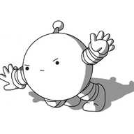A spherical robot with banded arms and legs and an antenna. It's launching itself forward, leaning forward with its arms outstretched, a determined expression on its face.