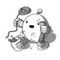 A spherical robot with banded arms and legs and a zigzag antenna. It's angrily charging in, swinging a computer mouse around by its wire, firing staples from an open stapler and kicking over a mug filled with coffee that says "WORLD'S #1410 ROBOT" on it.