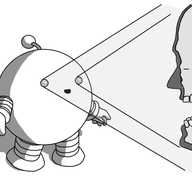 A spherical robot with banded arms and legs and an antenna. It's leaning forward, smiling, and its eyes are lit up, projecting two cones of light. In the path of the cones is the dark outline of a person's face angled slightly towards the robot, with its skull and some of its spine visible inside, in the manner of an X-ray image.