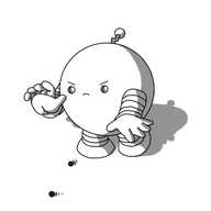 A spherical robot with banded arms and legs and a zigzag antenna. It's stumbling forward, hands extended with a frown on its face. Its eyes are on the ground, rolling away from it, and it has shallow little cavities in its face where its eyes would go.