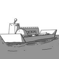 A robot in the form of a wide, flat boat, floating on the sea. The robot has raised ramps at either end of its hull, and a raised cabin section on its far side. A short tower section with a couple of windows on the side houses the robot's smiling face and has a banded antenna on the top. The cabin has an arched, open section with windows looking out to the ferry's exterior, and some railings along the top. On the deck, visible behind raised gunwales, are a number of Carbots, a Busbot, and a Bigbot sitting near the front, smiling happily.