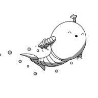 An ovoid robot with a long, thick banded tail with a lateral fluke at the end. It has banded arms and an antenna with a little scallop shell on the end. It's swimming along, arms held out behind it, waggling its fingers and leaving a trail of bubbles in its wake as it smiles joyously with its eyes closed.