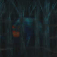 A coloured, painted-style scene depicting a deep, dark woodland shrouded in grey fog. Partially obscured by some of the trees is an indistinct, rounded form with long, slender arms with a glowing red mouth and eyes like a jack-o-lantern, creeping slowly through the forest.