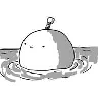 A spherical robot with a little antenna, happily floating in some water.