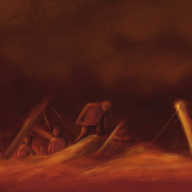 A full-colour painted style image depicting a ruinous landscape heaped in mounds of ash or debris. The skeletons of buildings, cars and other infrastructure protrude from the heaps beneath a roiling orange sky that casts everything in deep, fiery shades. A line of four stooped humanoid forms clambers laboriously through the wastes as the last in the row turns to point at something on the edge of the frame: a vast, amorphous swarm of dark objects, floating in a great cloud through the air around the remains of a skyscraper in the distance, heading for the survivors.