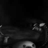 A pained style image in black and white. It depicts a bed in a darkened corner of a room, with the shape of a person beneath the covers with one foot protruding. Beneath the bed, emerging from one side, is an amorphous robot with very long, banded arms, tipped with hands that have long, blade like fingers, hovering over the sleeping person. The robot has an odd, fish-like face, with hollow, reflective eyes and a wide open mouth with sharp teeth. The robot isn't looking in the direction of the person, just staring blankly ahead.