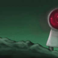 A full-colour, painted style image depicting a craggy wasteland at a slight angle, beneath a strange, drab green sky. Towering on one side of the scene is a robot with a tapering torso section and banded legs. Its head is spherical and is dominated by what appears to be a circular aperture, inside of which is a dark, pink vortex that contains spiraling lights and is giving off a faint miasma.